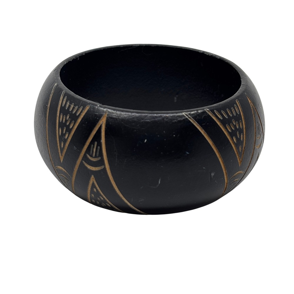 Vintage Hand Carved Black Wooden Bangle Bracelet Etched Geometric Tribal Boho